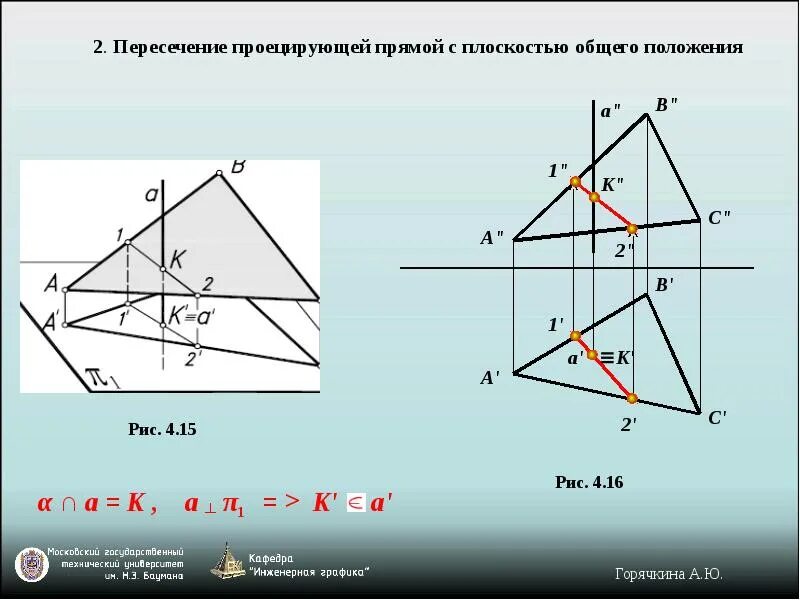 Точка пересечения прямой с плоскостью общего положения. Пересечение фронтально проецирующей прямой с плоскостью. пересечение прямой общего положения с проецирующей плоскостью. плоскость общего положения пересекается с проецирующей прямой. пересечение прямой общего положения с плоскостью общего положения.