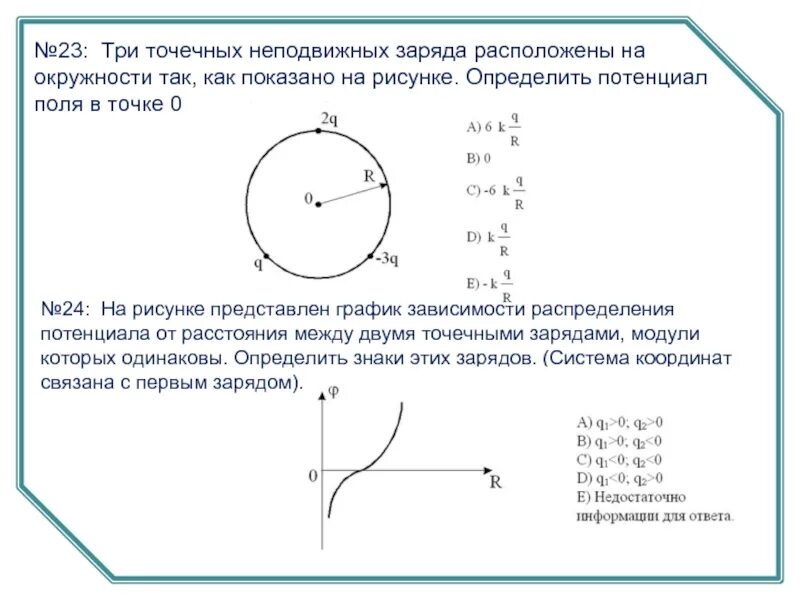 Потенциал отрицательного точечного заряда. Как найти потенциал точечных зарядов в точке. Потенциал окружности. Как найти потенциал в окружности.