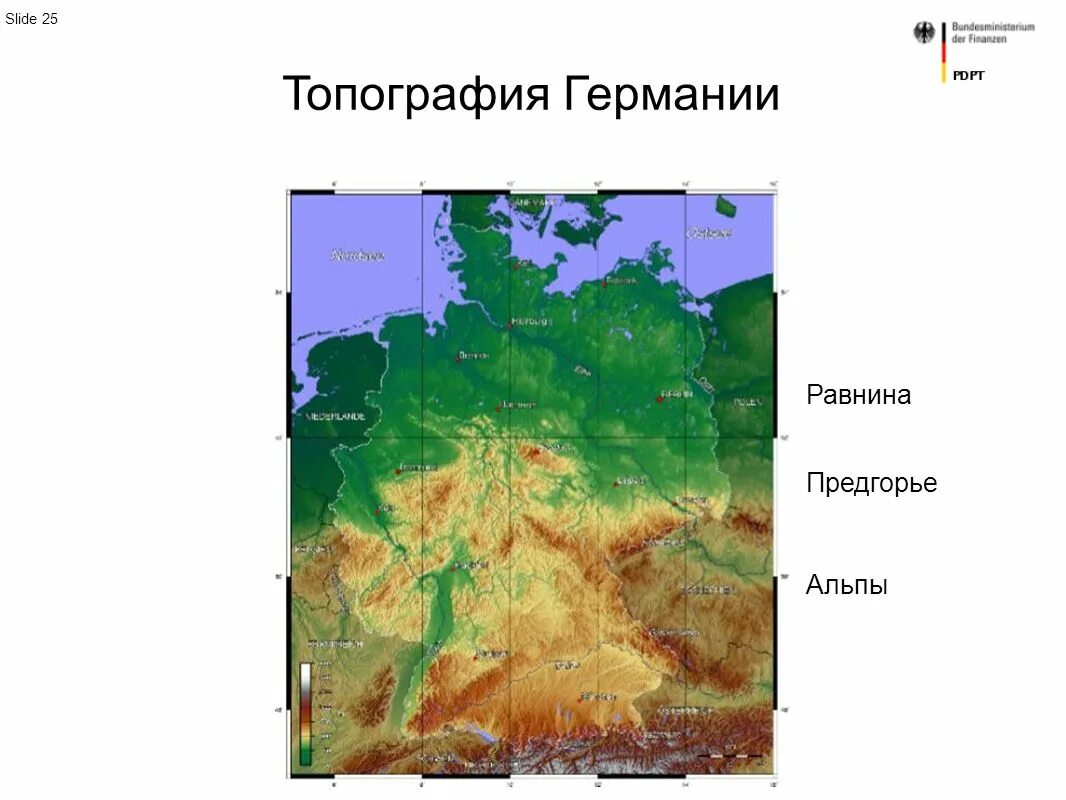 Основные особенности рельефа германии. Карта рельефа Германии. Северо Германская низменность на карте. Горы Баварские Альпы на карте Германии. Топография Германии.