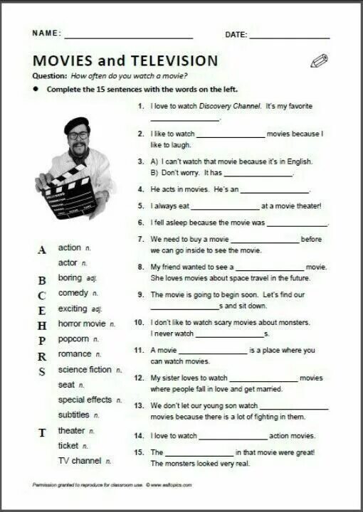 Movie worksheets. Types of films Worksheets 5 класс. Cinema на английском языке упражнения. Movies Vocabulary English. Задания по фильмам на английском языке.