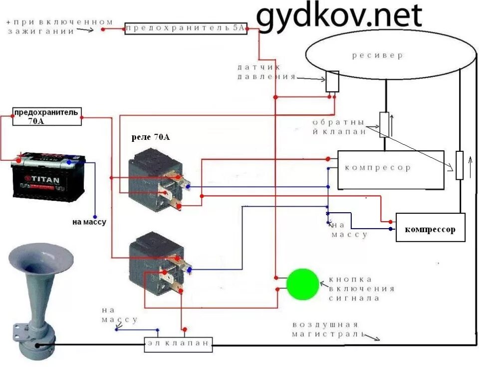 Подключить второй сигнал. Схема подключения пневмосигнала через реле. Схема подключения сигнала дудки через реле. Схема подключения пневмосигнала на 2 компрессора. Схема установки пневмосигнала через реле.