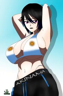 bikini, bikini top, black lipstick, dark blue hair, flag bikini, huge breas...