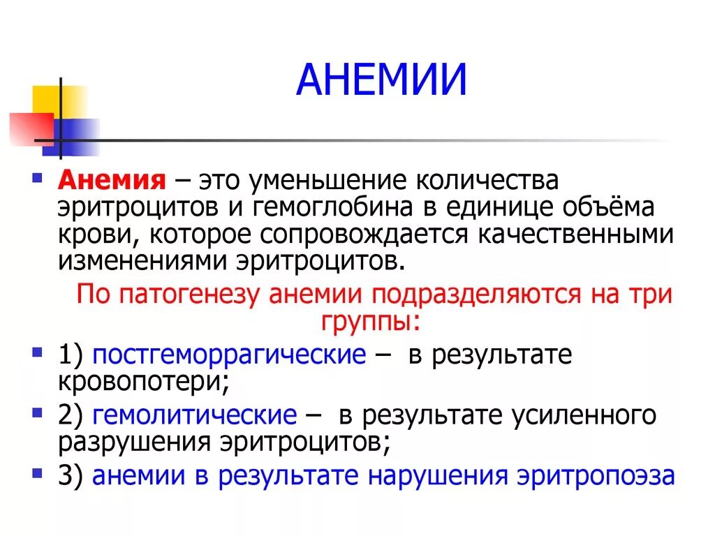 Гемоглобин при заболеваниях крови. Анемия кратко. 3 Группы анемий.