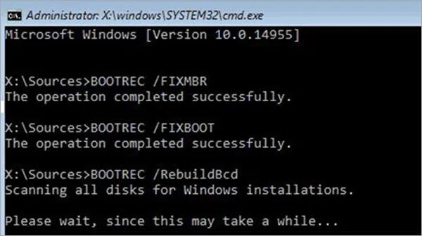 Operation successfully completed. Fixmbr Windows 10. Bootrec /rebuildbcd. Rebuildbcd обнаружено систем 0. Windows pe fixmbr.