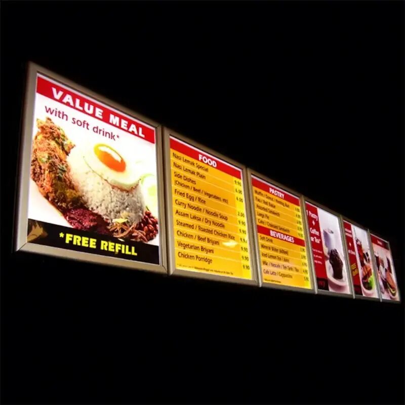 Лайд боксы для фастфуута. Меню лайтбоксы. Уличное меню с подсветкой для ресторана. Световая панель меню. Световая панель меню.