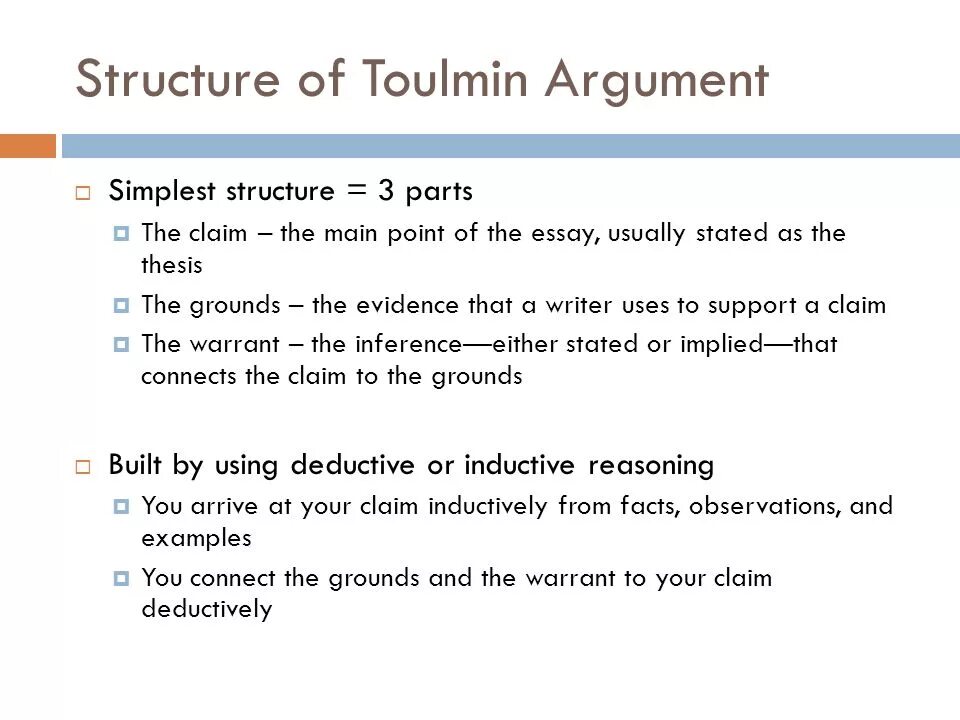 The structure of argumentation. Toulmin model of argument. Argument essay structure. Argument example.