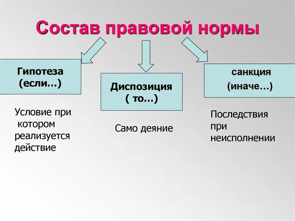 Элемент и норма диспозиции. Состав правовой нормы. Пример нормы с гипотезой диспозицией и санкцией.