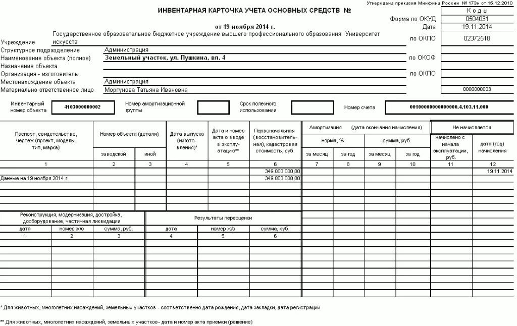 Земля в бюджетном учреждении. Ф 0504031 инвентарная карточка учета основных средств. Форма 0504031 инвентарная карточка учета основных средств. Форма ОС-6 инвентарная карточка учета объекта основных средств. ОКУД 0504031 инвентарная карточка учета основных средств.