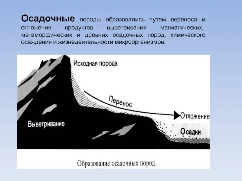 Последовательность преобразования одних горных пород в другие. Схема образования осадочных горных пород. Осадочные отложения. Отложение осадочных пород. Стадии формирования осадочных пород.