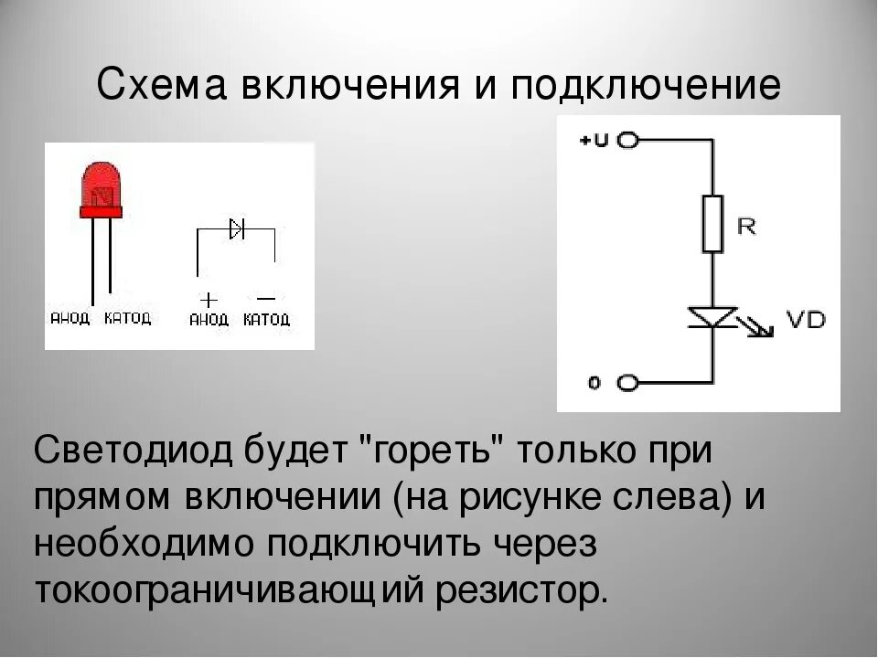 Включи подключись к. Схема подключения диода через резистор. Схема включения светодиода через резистор. Схема подключения догрузочного резистора. Как правильно подключить светодиод.