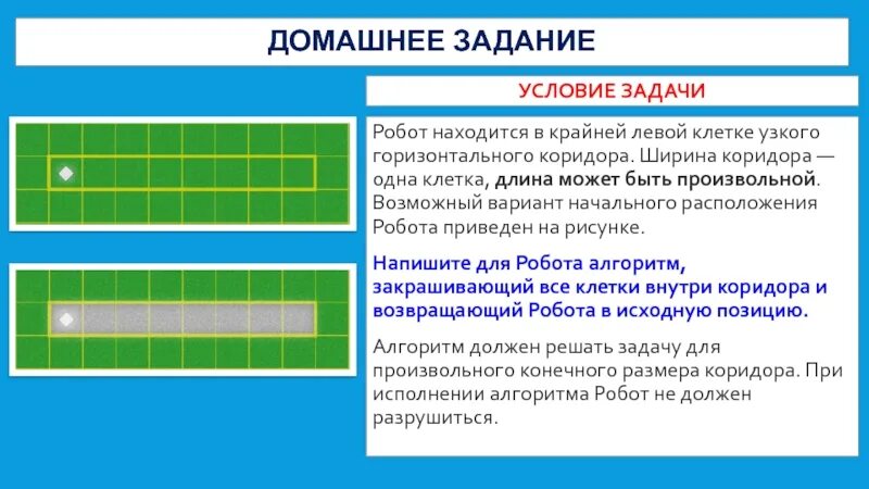 Алгоритм для робота закрашивающего клетки. Робот находится в левой клетке горизонтального коридора. Робот находится в верхней клетке узкого горизонтального коридора. Алгоритм для робота коридор.