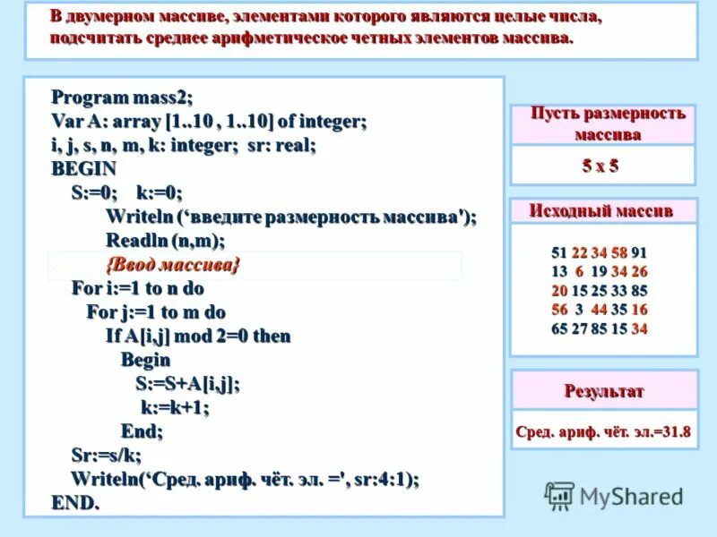 Презентация на тему: "Одномерные и двумерные массивы. В помощь сдающему ЕГЭ Лице
