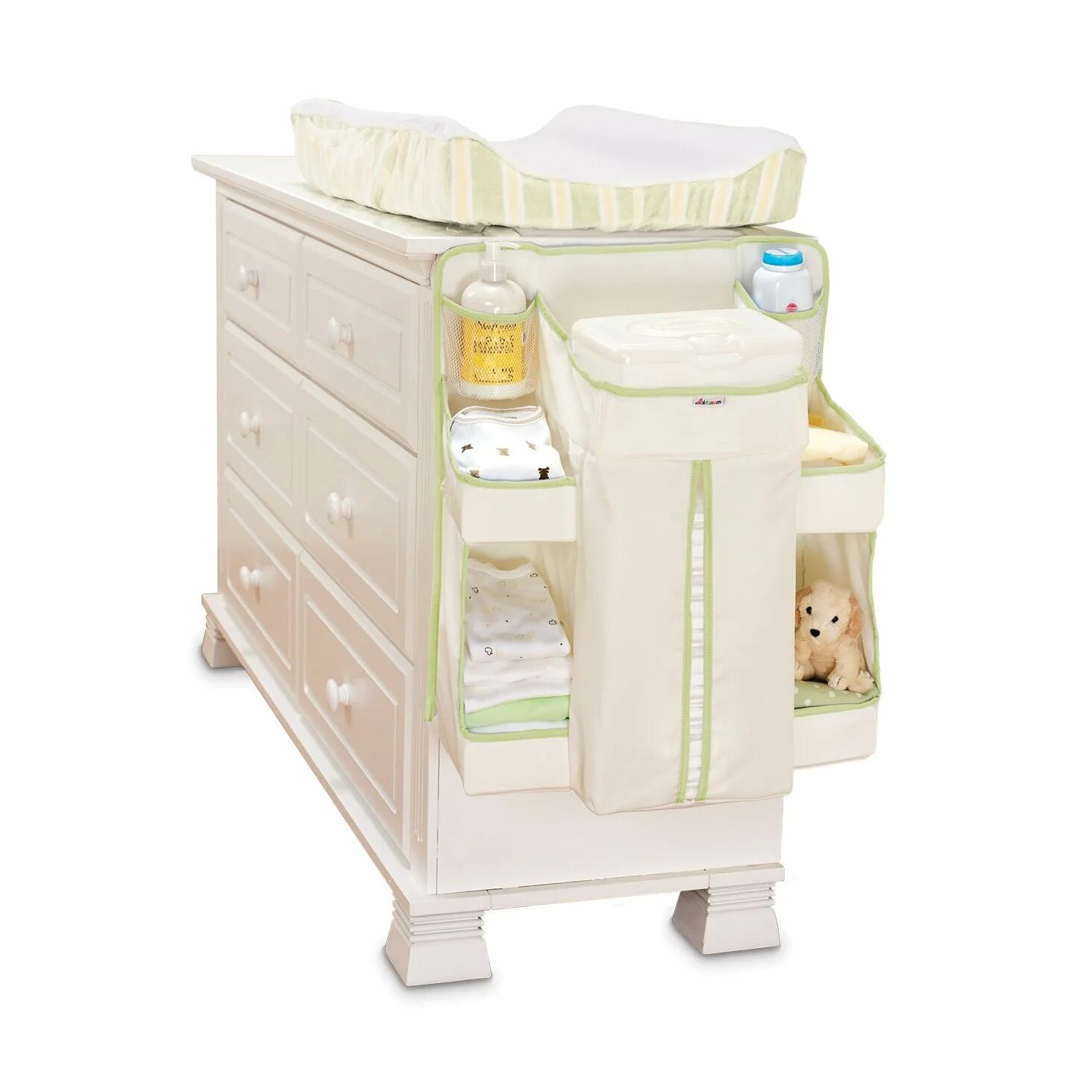 органайзер для детских принадлежностей. Baby nursery storage hang crib organizer diarper shelves table holding toy cream. органайзер для детских принадлежностей. органайзер для подгузников и детских принадлежностей икеа. модуль для детской кроватки.