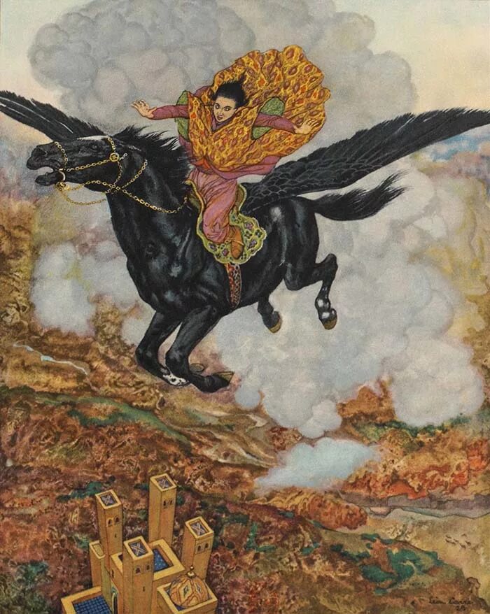 Герой из тысячи и одной ночи летал. Иллюстрации Леона Карре 1001 ночь. Таро конь.
