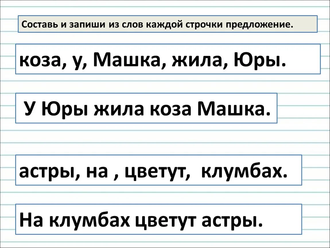 Составь и запиши предложения из слов каждой строчки. Составь и запиши предложение из слов каждой строки. Составьте и запишите предложения из слов каждой строчки. Составьте и запишите предложение из слов каждой строки.