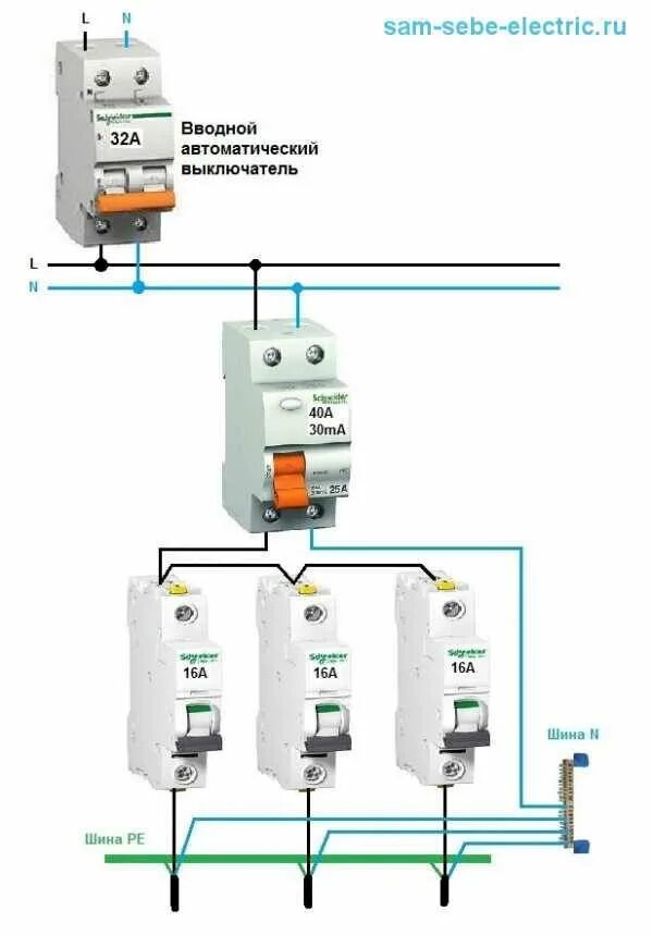 На сколько вводной автомат. Схема подключения двухполюсного дифференциального автомата. Схема подключения УЗО И автоматов. Схема подключения автоматического выключателя тока. Схема соединения УЗО И автоматов.
