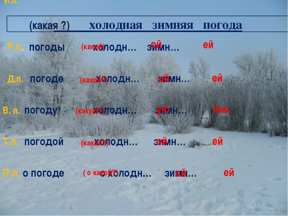 Про холодную зиму падеж. Зима прилагательные. Прилагательное к зиме. Зимние слова. Зима склонение.