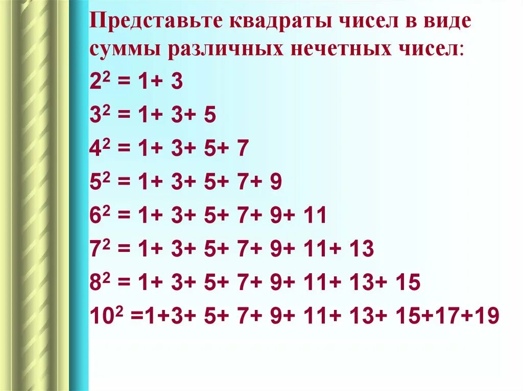 Квадраты чисел. Квадраты нечетных чисел. Таблица квадратов нечетных чисел. Количество квадратов нечетных чисел.