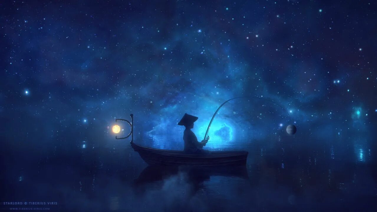 Мечтатели космос. Одинокий человек в лодке. Звездное небо и корабль. Ночь на корабле. Лунная ночь фэнтези.