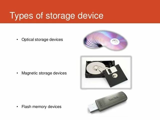 Memory storage devices. Magnetic Storage devices. Flash Storage devices. Optical Storage devices.
