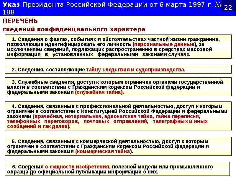 Указ президента от 06.03 1997. Сведения конфиденциального характера. Перечень конфиденциальной информации. Указ 188. Перечень конфиденциальной информации список.