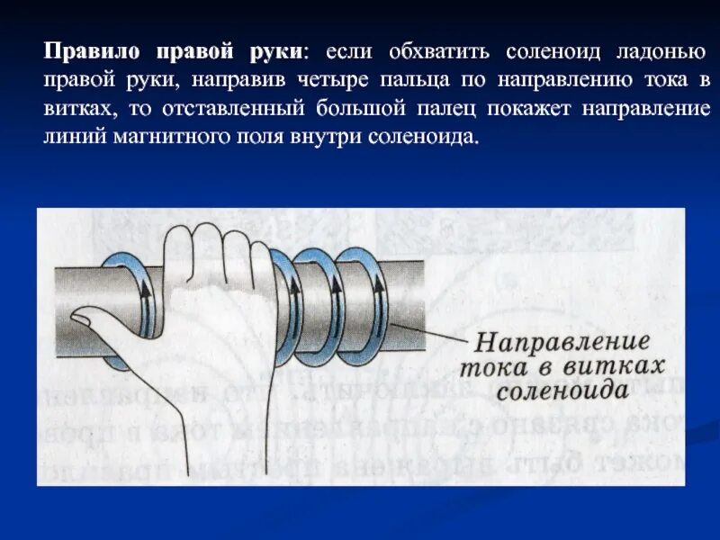 Определите направление тока в витках соленоида. Правило правой руки для соленоида. Правило правой руки если обхватить соленоид. Направление тока в витках соленоида. Если обхватить соленоид ладонью правой руки.