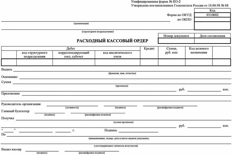 Унифицированная форма ко-2 расходный кассовый. Форма РКО расходный кассовый ордер. Кассовый ордер 0310002. Расходный кассовый ордер 0402009.