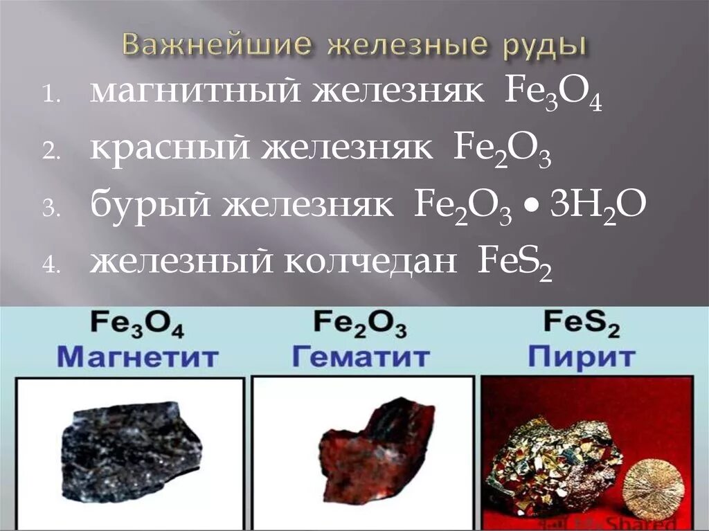 Сколько в руде железо. Красный Железняк(руда гематит fe2o3). Металлические руды красный магнитный Железняк. Магнетит fe3o4. Бурый Железняк, красный Железняк и магнитный Железняк.