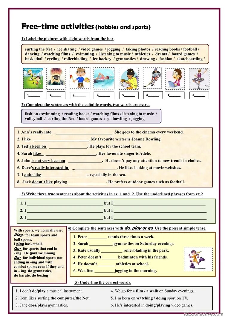 Хобби English Worksheets. Listening and doing games