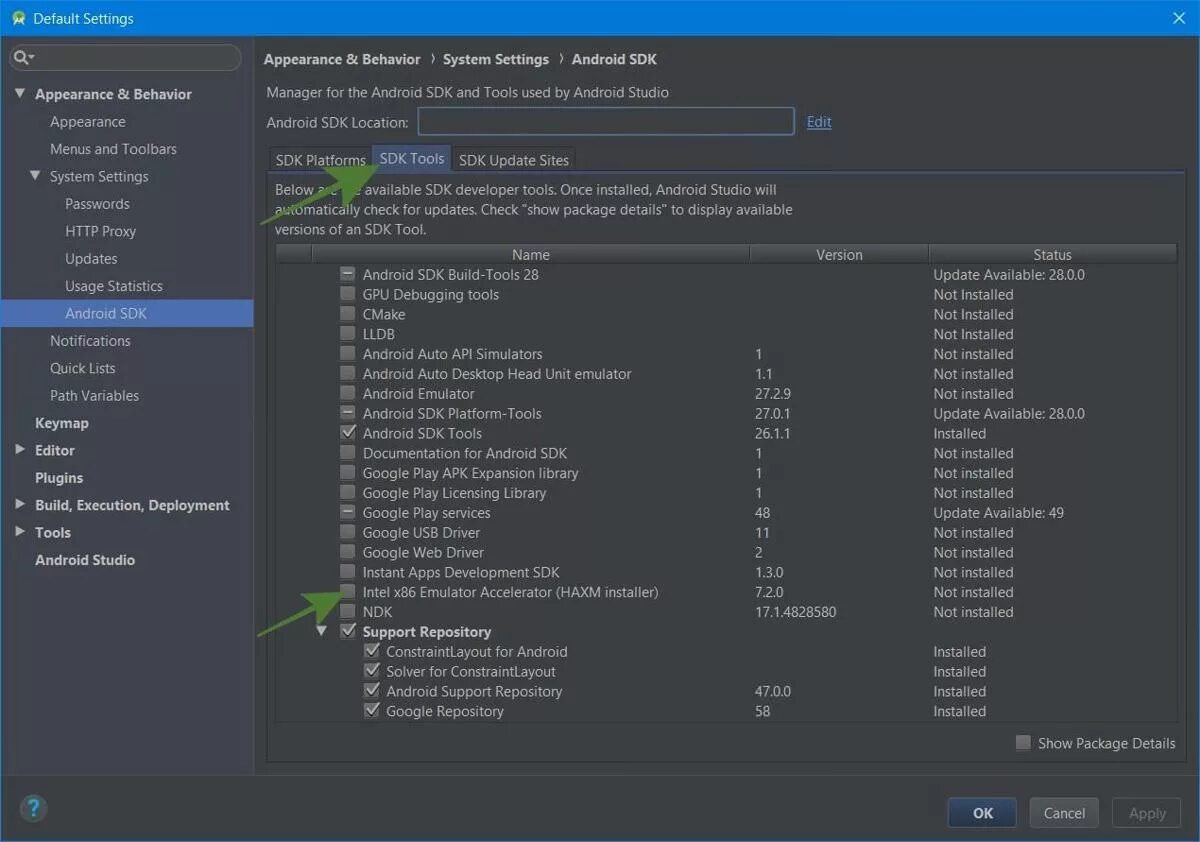 SDK Tools. Как установить HAXM. Android Studio System settings password. Libx265 пример команды. Sdk updates