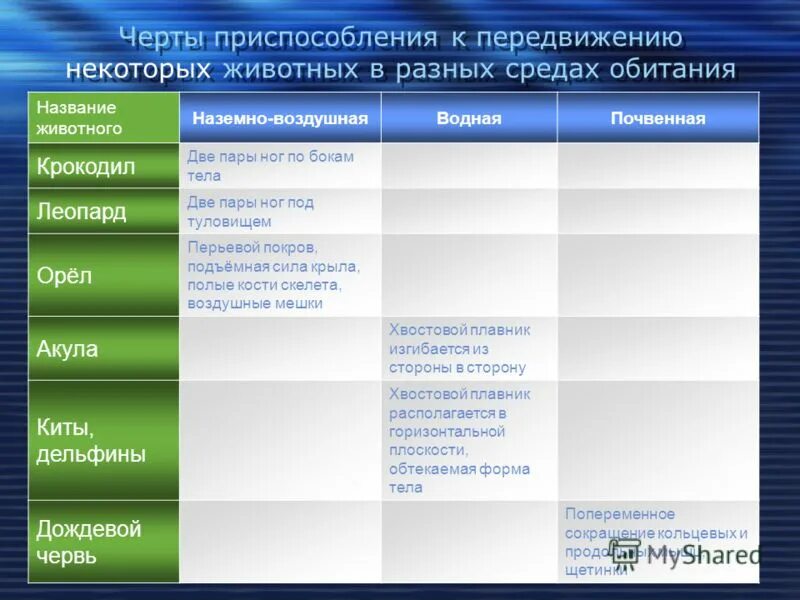 Приспособленность к передвижению. Приспособление животных в различных средах. Способ передвижения и среда обитания. Приспособления к передвижению у животных.