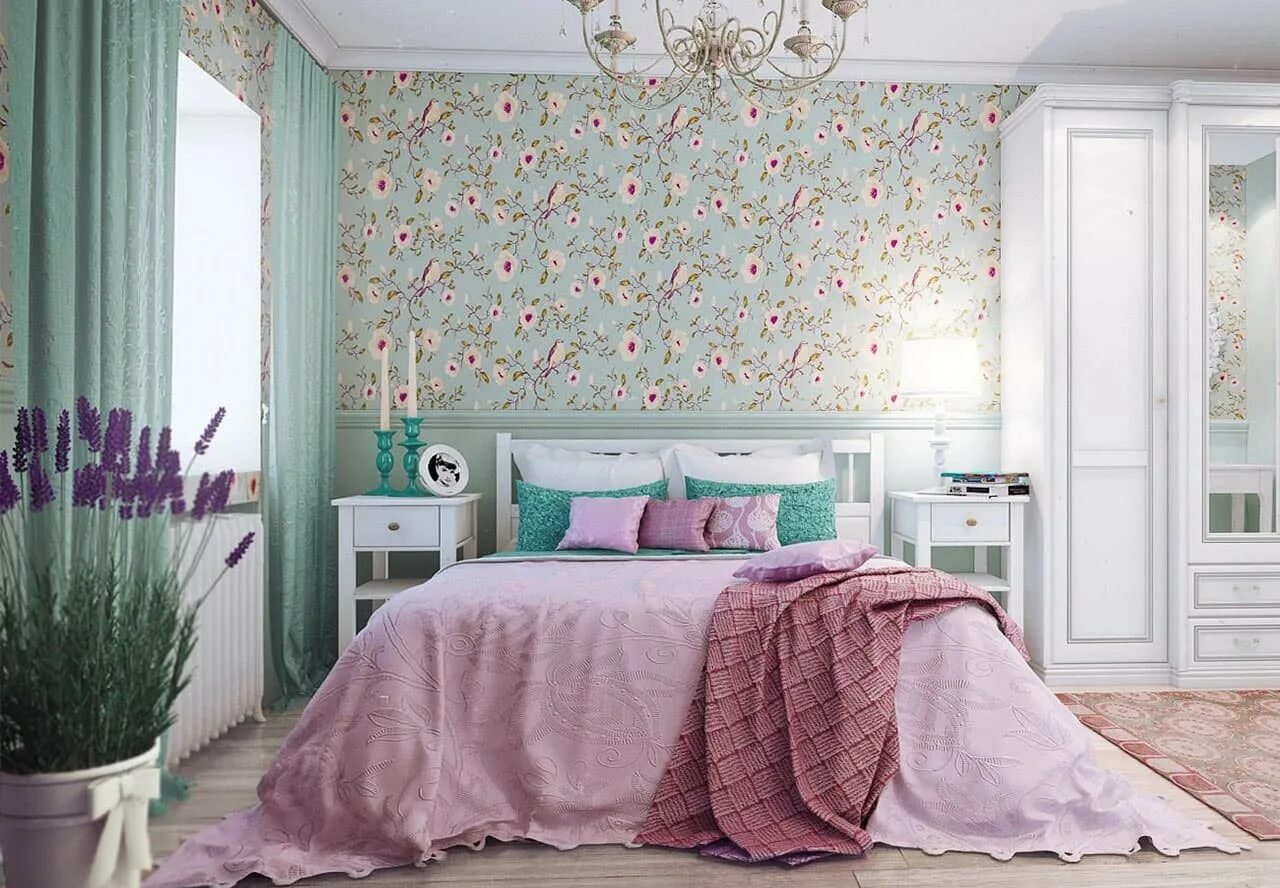 Обои для маленькой комнате фото. Спальня в ярких тонах. Спальня Прованс. Расцветки обоев для спальни. Обои в цветочек для спальни.