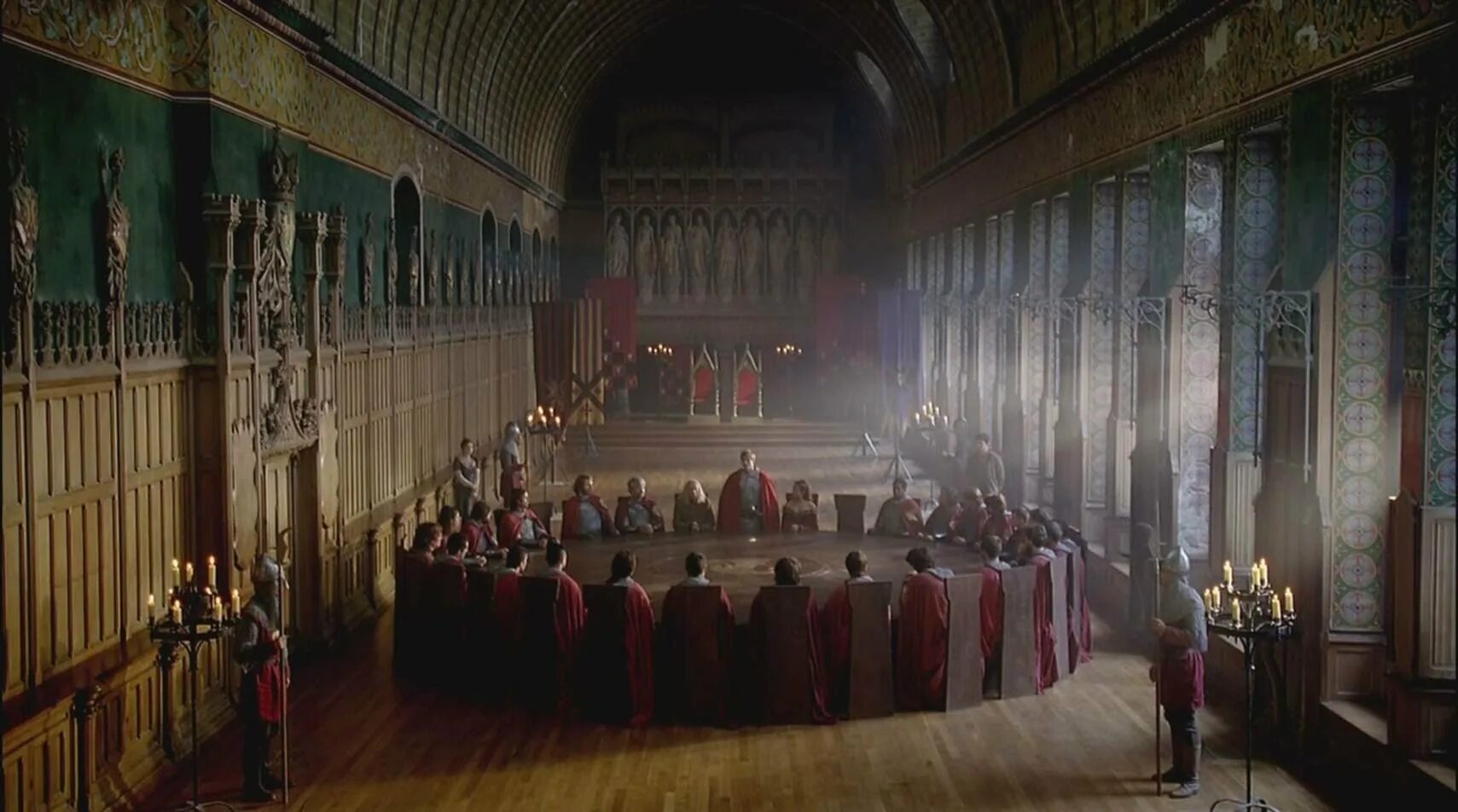 Замок короля Артура Тронный зал. Камелот круглый стол короля Артура. Рыцари круглого стола Мерлин.