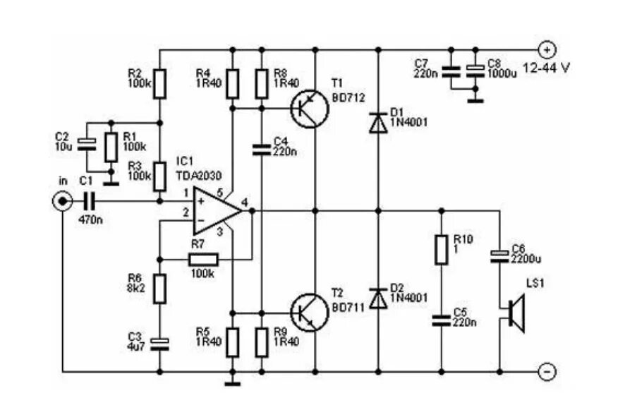 Однополярные унч. Усилитель 5 ватт на транзисторах. Умощнение tda2030 транзисторами. Усилитель на tda2030. УНЧ на транзисторах кт818 кт819.
