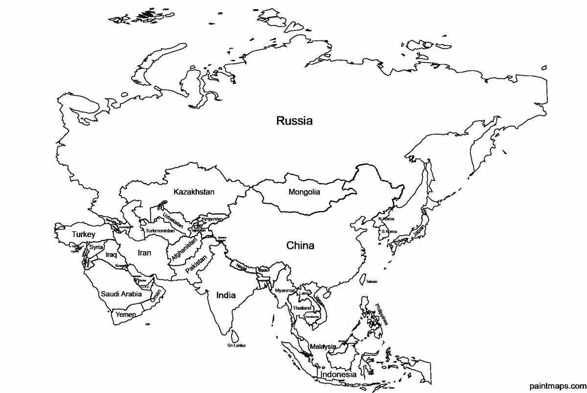 Карты стран раскраски. Карта Евразии контурная карта с границами. Контурная карта Евразии с границами государств. Контурная карта средней Азии. Карта материка Евразии с границами стран.