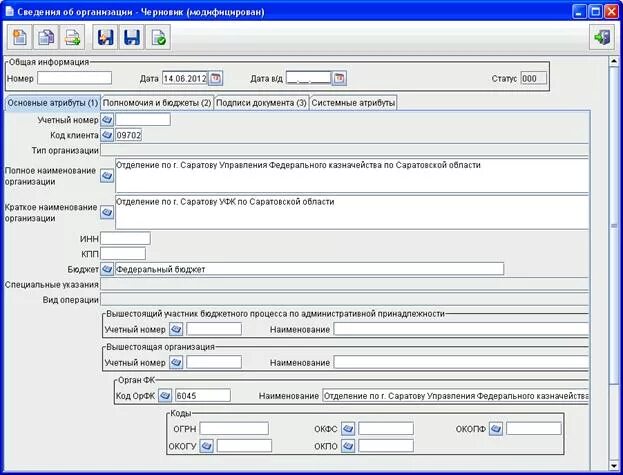 Код органа учреждения. Код ТОФК. Код ОРФК обслуживания. Код ОРФК 8900. На закладке основные сведения регистрируют.