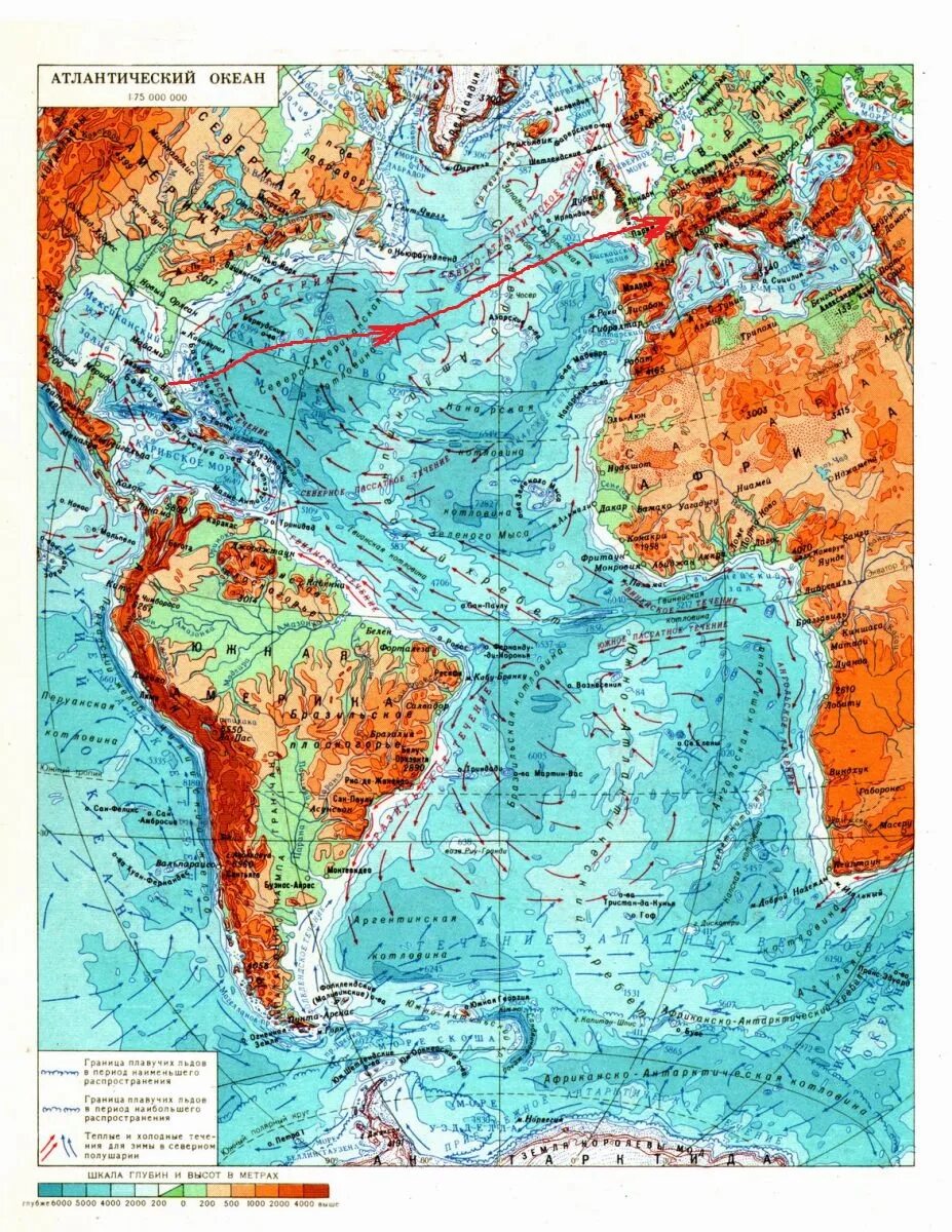 Масса атлантического океана. Атлантический океан физическая карта. Атлас морей Атлантического океана.