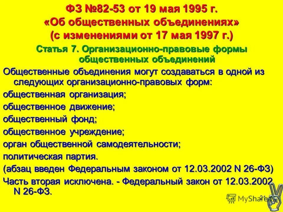 Фз 82 от 19 мая 1995. ФЗ 82 об общественных объединениях с последними изменениями.