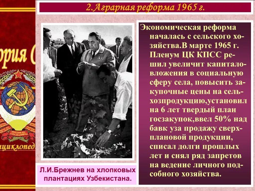 Экономическая реформа 1965 кратко. Аграрная реформа Косыгина 1965. Экономическая реформа Брежнева 1965. Экономическая реформа 1965 в сельском хозяйстве. Экономические реформы при Брежневе.