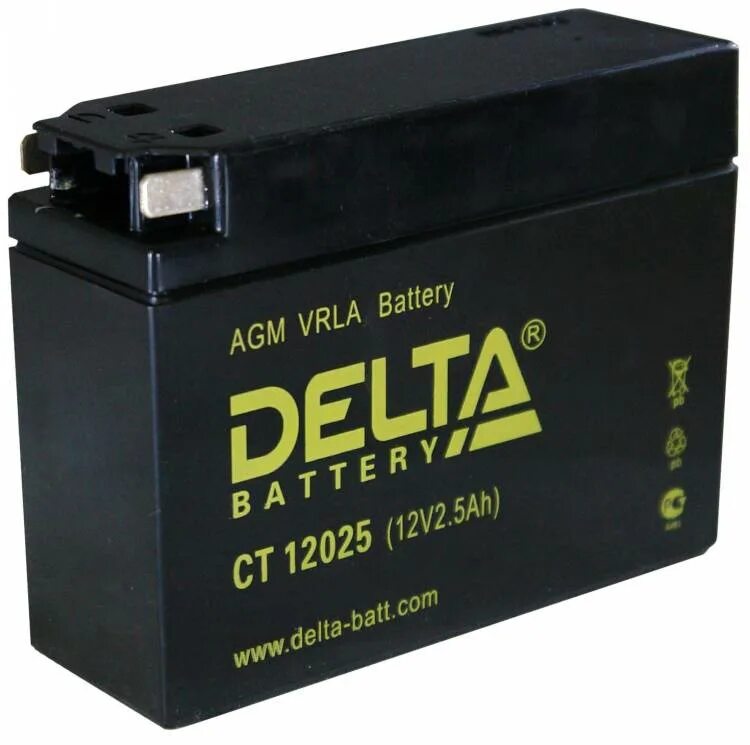 Аккумулятор на скутер 50. Аккумулятор CT 12025. Delta Battery CT 12025. CT 12025 Delta аккумуляторная батарея. Delta CT 12025 (12в/2,5ач).