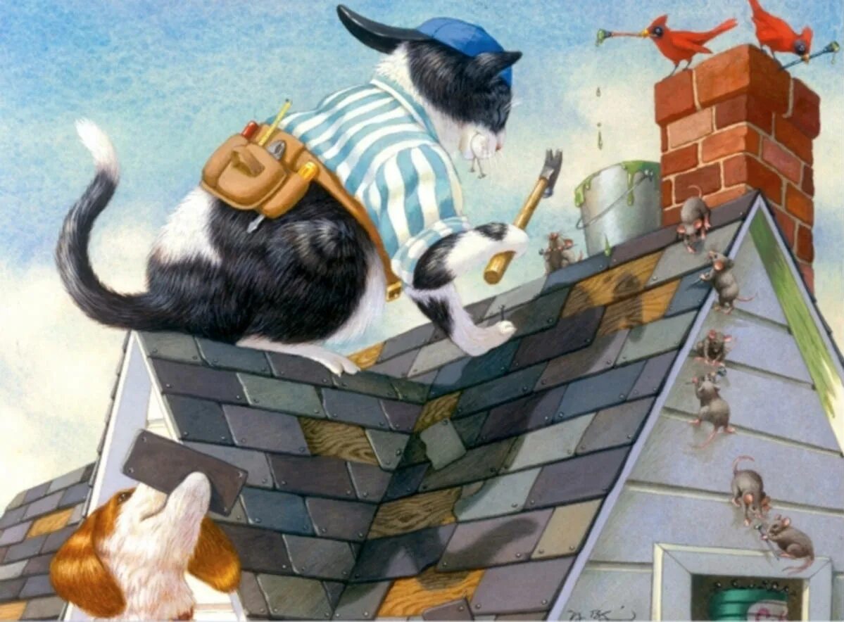 Спустившись с кровли кот сказал. Коты на крыше. Крыши домов иллюстрация. Кот на Креге. Крыши с котами.
