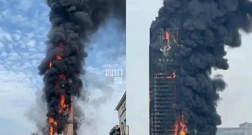 Высота сгорела. Сгоревшая башня. В Китае горит небоскреб. Здание горит. В Китае сгорел небоскреб.