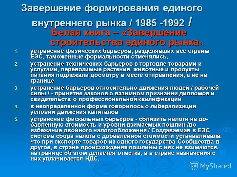 Единый внутренний рынок. Сущность глобализации мировой экономики. Формирование единого рынка. Программа формирования единого внутреннего рынка 1985. Формирование единого рынка.