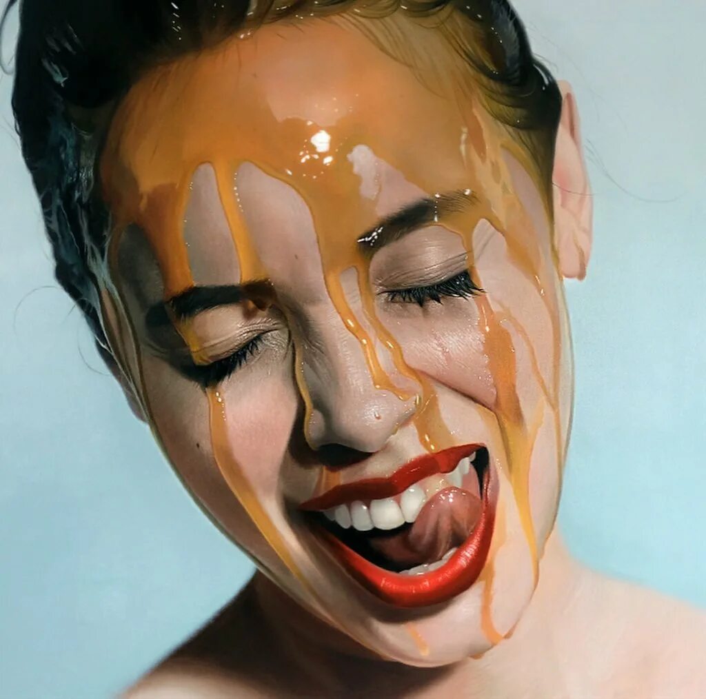 Женщина в шоколаде. Шоколадная телка. Девушка облитая медом. Реалистичные картины маслом. Майк даргас художник.