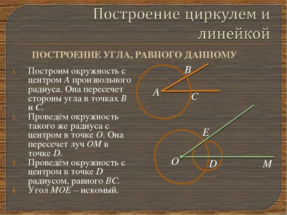 2 построить угол равный данному. Построение циркулем и линейкой. Построение угла равного данному. Построение угла циркулем и линейкой. Построение угла равного данному с помощью циркуля и линейки.