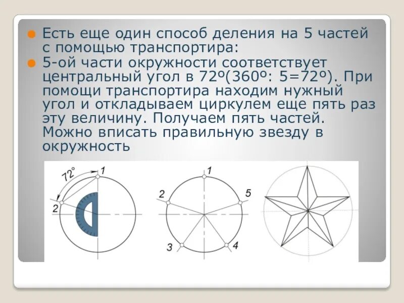 Круг делить на 5. Деление окружности на равные части с помощью циркуля. Способ деления окружности на 5 частей. Деление окружности на 5 частей черчение. Разделить круг на 5 частей.