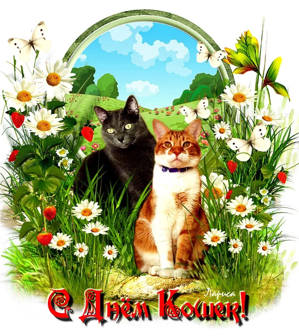 Открытки с первым днем весны и кошек. День кошек. Всемирный день. День кошек открытки.