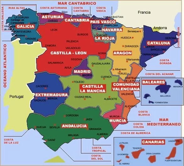 Район какая страна. Провинции Испании на карте. Карта Испании с регионами. Административное деление Испании на карте. Карта исторических регионов Испании.