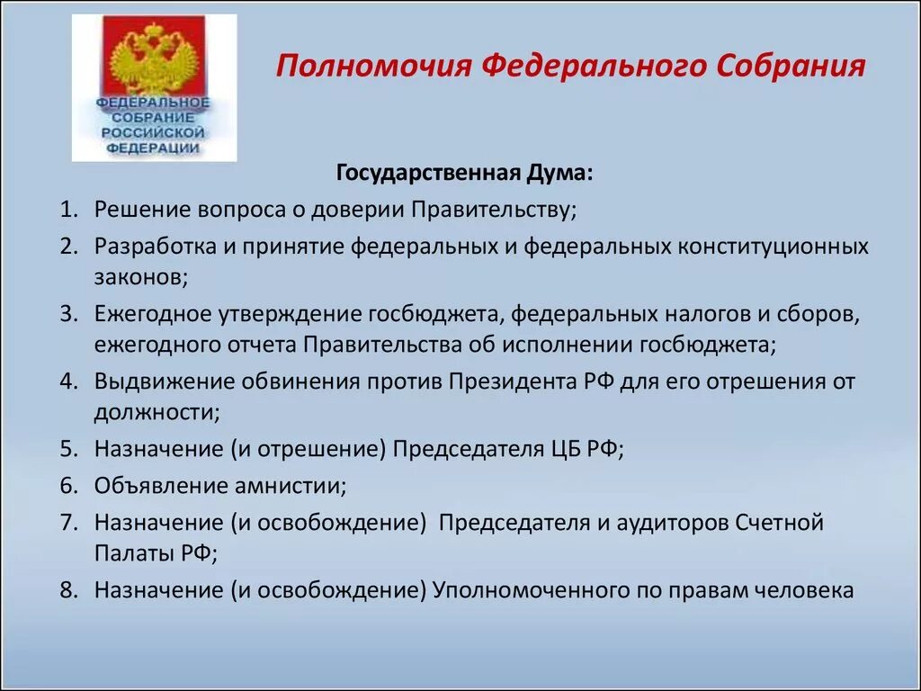 Конституция рф собрание законодательства рф. Полномочия федерального собрания РФ. Полномочия федерального собрания РФ по Конституции. Перечислите полномочия федерального собрания РФ.. Федеральное собрание Российской Федерации функции и полномочия.