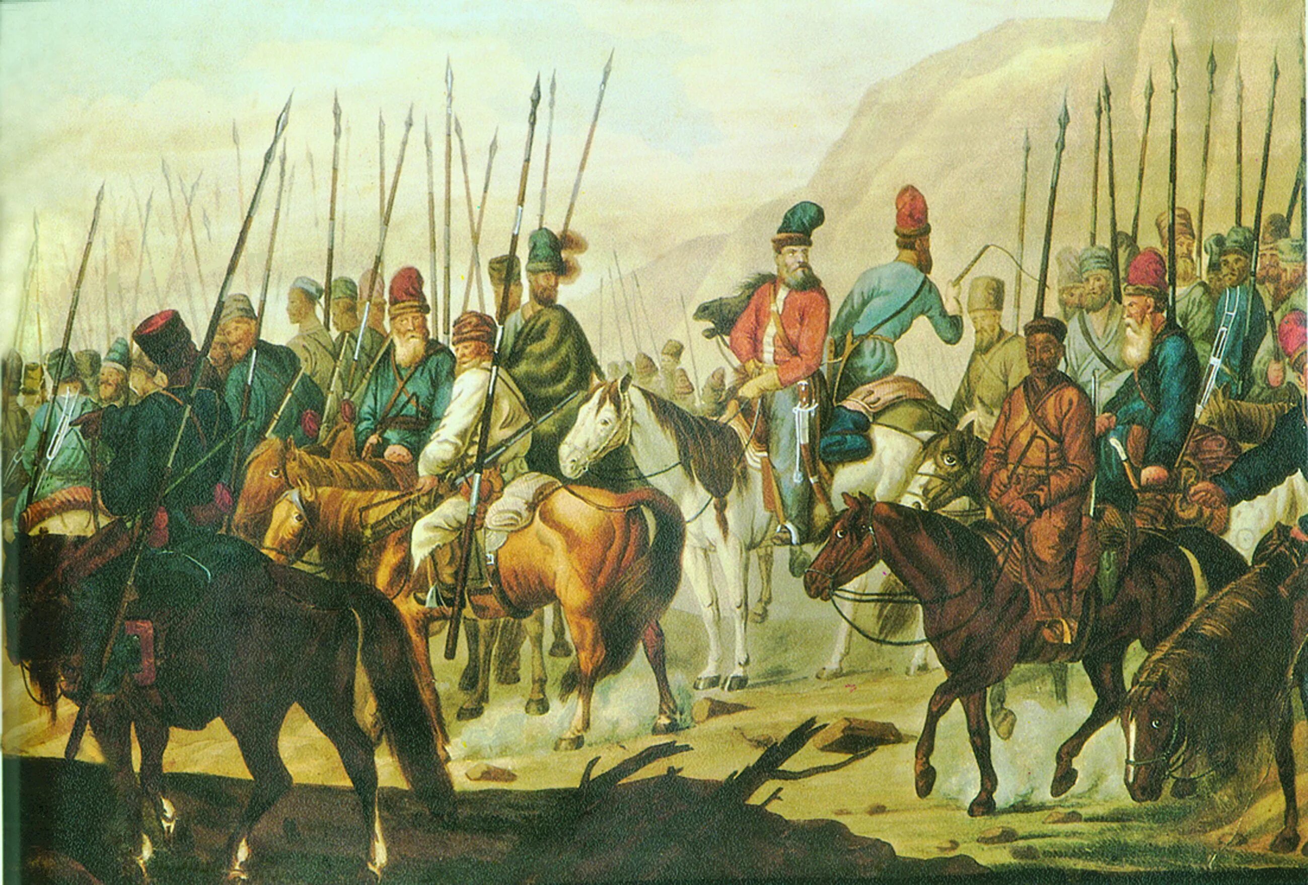 яицкие казаки картина 18 в. битва казаков с киргизами. а. яицкие казаки пугачев. канжальская битва адыгов.